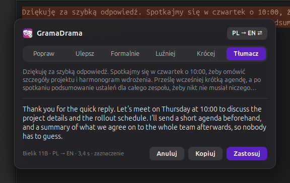 Panel GramaDramy w trybie Tłumacz: polska wiadomość i jej angielskie tłumaczenie